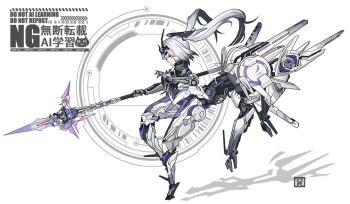 Rule 34 | 1girl, breasts, centaur, closed mouth, commentary request, cyborg, floating, floating hair, forehead protector, full body, gladiusms3, grey hair, hair ornament, headgear, high-heeled mechanical legs, holding, holding polearm, holding weapon, joints, long hair, mecha musume, mechabare, mechanical arms, mechanical legs, multiple legs, polearm, punishing: gray raven, robot joints, rosetta: arete (pgr), rosetta (pgr), shadow, sidelocks, solo, spear, taur, thrusters, twintails, watermark, weapon