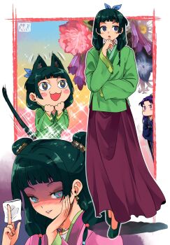 Rule 34 | 1boy, 1girl, :3, animal ears, blue eyes, border, cat ears, double bun, flower, flower request, full body, green shirt, hair bun, highres, jinshi (kusuriya no hitorigoto), kusuriya no hitorigoto, maomao (kusuriya no hitorigoto), multiple views, open mouth, pink flower, pirate yuri, purple flower, purple skirt, red pupils, shirt, skirt, white border