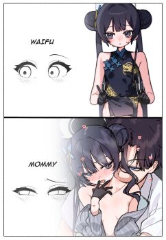 2koma absurdres averting_eyes black_dress black_gloves black_hair blue_archive blush border breasts butterfly_hair_ornament china_dress chinese_clothes clothes_lift coat collarbone comic double_bun double_v dragon_print dress dress_lift english_text gloves grey_coat hair_bun hair_ornament halo heart hetero highres je_o_mo kisaki_(blue_archive) loli long_hair looking_at_another nose_blush out-of-frame_censoring pinstripe_pattern romaji_text sensei_(blue_archive) shirt simple_background small_breasts twintails v very_long_hair white_background white_border