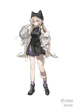 Rule 34 | 1girl, :d, animal hat, bare shoulders, black boots, black dress, black hat, blonde hair, boots, cat hat, dated, double-parted bangs, dress, full body, hair between eyes, hand up, hat, jacket, lace-up boots, long hair, long sleeves, looking at viewer, mihuashi username, off shoulder, open clothes, open jacket, open mouth, original, purple eyes, purple socks, signature, simple background, sleeveless, sleeveless dress, smile, socks, solo, standing, white background, white jacket, zeriko