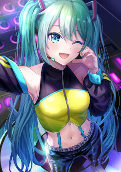 1girl 39 absurdres aqua_hair aqua_nails arm_up armpits bare_shoulders black_pants blue_eyes blush breasts collarbone commentary_request crop_top detached_sleeves fingernails hair_between_eyes hair_ornament hatsune_miku headset highres long_hair long_sleeves looking_at_viewer medium_breasts miku_day nail_polish navel noah_maruart open_mouth pants smile solo stomach twintails very_long_hair vocaloid yellow_nails