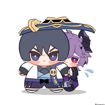 2boys arms_at_sides black_bodysuit black_boots black_bow black_bridal_gauntlets black_coat black_hair black_horns black_shorts blue_cape blue_hat blue_kimono blunt_ends blush_stickers bodysuit boots bow bridal_gauntlets bright_pupils cape chibi chibi_only closed_mouth coat colored_eyelashes dragon_boy dragon_horns flying_sweatdrops frown full_body genshin_impact gloves gold hakama hakama_shorts hat hiding hiding_behind_another highres holding_another&#039;s_arm horns japanese_clothes jingasa juban kimono looking_at_viewer mini_durin_(genshin_impact) mini_durin_(human)_(genshin_impact) multiple_boys open_clothes open_coat open_kimono pants peeking_out pleated_shorts purple_eyes purple_hair purple_sash purple_vest red_eyes sash scaramouche_(genshin_impact) shared_hat short_sleeves shorts standing star-shaped_pupils star_(symbol) straight-on symbol-shaped_pupils twitter_username unosaki2 vest wanderer_(genshin_impact) white_background white_gloves white_kimono white_pants white_pupils white_sleeves wispy_bangs