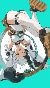 1girl absurdres ahoge armpits bare_shoulders black_hair black_shoes black_shorts blue_background braid braided_twintails chakram china_dress chinese_clothes commentary_request corded_phone detached_sleeves dialyn_(zenless_zone_zero) dress earrings hair_ornament hairclip highres id_card jewelry long_hair multicolored_hair necktie odd_(hin_yari) open_mouth phone shoes shorts solo split-color_hair thighhighs upside-down weapon white_hair white_thighhighs wire yellow_eyes yellow_necktie zenless_zone_zero