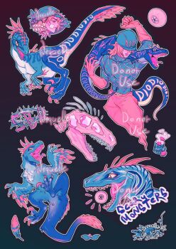 1boy animal aqua_helmet aqua_sweater argyle_clothes argyle_sweater arm_up artist_name belt_buckle black_background blue_tail buckle character_name claws crown_of_thorns diego_brando dinosaur dinosaur_skeleton english_text eyeball feathers full_body gloves gradient_background hashtag-only_commentary helmet highres jojo_no_kimyou_na_bouken long_sleeves looking_at_viewer male_focus medium_hair multiple_views noquelle open_mouth pants pink_gloves pink_pants raptor scary_monsters_(stand) sharp_teeth signature slit_pupils smile stand_(jojo) steel_ball_run sweater tail teeth tongue tongue_out turtleneck turtleneck_sweater