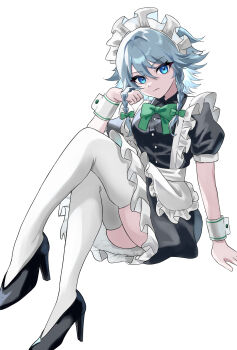 1girl black_shoes blue_eyes bow braid closed_mouth commentary_request full_body green_bow grey_hair highres izayoi_sakuya looking_at_viewer maid medium_hair nyumuji_ppp shoes short_sleeves side_braids simple_background sitting solo thighhighs touhou twin_braids white_background white_thighhighs wrist_cuffs