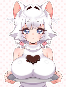 Rule 34 | 1girl, absurdres, animal ear fluff, animal ears, bare shoulders, blue eyes, breast rest, breasts, candy, carried breast rest, carrying, cat ears, cat hair ornament, chocolate, chocolate heart, chocolate on body, chocolate on breasts, commentary, erigo, food, food on body, hair intakes, hair ornament, halterneck, heart, heart-shaped food, heart in eye, highres, holding, holding tray, kimi no koto ga dai dai dai dai daisuki na 100-nin no kanojo, large breasts, looking at viewer, low twintails, nekonari tama, outline, parted lips, polka dot, polka dot background, shirt, short hair, simple background, sleeveless, sleeveless shirt, solo, straight-on, symbol in eye, tray, twintails, upper body, valentine, white hair, white outline, white shirt