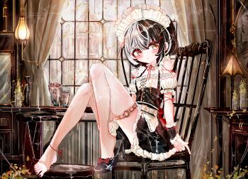 Rule 34 | 1girl, a1u, absurdres, barefoot, black dress, black hair, blush, breasts, chair, closed mouth, commentary request, detached sleeves, dress, heterochromia, high heels, highres, indoors, maid, maid headdress, multicolored hair, nail polish, on chair, original, puffy short sleeves, puffy sleeves, red eyes, red nails, revision, shoes, short sleeves, single shoe, sitting, small breasts, solo, split-color hair, stirrup legwear, thighhighs, toeless legwear, toenail polish, toenails, toes, white hair, white thighhighs