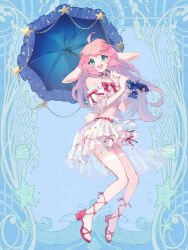 Rule 34 | 1girl, :d, ahoge, animal ears, bare shoulders, blue background, blue umbrella, bow, choker, dairoku ryouhei, full body, green eyes, holding, holding umbrella, looking at viewer, midriff, navel, open mouth, parasol, pink hair, rabbit ears, rabbit tail, red bow, sandals, skirt, smile, solo, tail, toco ovo, umbrella, white skirt