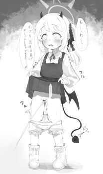 1girl absurdres bar_censor bloomers bloomers_pull blue_archive blush boots censored clothes_lift commentary_request demon_girl demon_tail full_body greyscale halo highres horns ibuki_(blue_archive) lifting_own_clothes loli medium_hair monochrome open_mouth peeing pussy shimeji_take skirt skirt_lift speech_bubble standing tail translation_request underwear