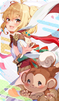 1girl :d andira_(granblue_fantasy) animal antenna_hair bare_shoulders blonde_hair blush brown_eyes commentary_request detached_sleeves egasumi fur-trimmed_sleeves fur_trim granblue_fantasy hair_between_eyes highres leotard long_sleeves looking_at_viewer looking_to_the_side monkey open_mouth petals pilokey short_hair smile solo two_side_up white_leotard white_sleeves wide_sleeves