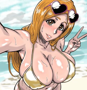 1girl art_errrday bare_shoulders beach bikini bleach breasts brown_eyes collarbone female_focus heart heart-shaped_eyewear highres inoue_orihime large_breasts light_blush lips long_hair looking_at_viewer ocean orange_hair parted_lips peace_symbol sand selfie shiny_skin solo solo_focus swimsuit teeth upper_body water wet