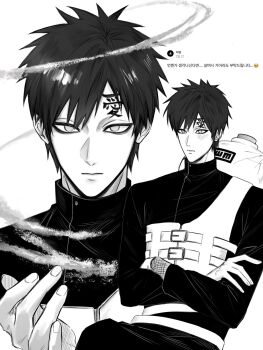 1boy black_eyeliner black_pants closed_mouth crossed_arms damyo_x eyeliner fishnet_sleeves fishnets gaara_(naruto) gourd greyscale hair_between_eyes highres korean_text light_blush makeup male_focus monochrome multiple_views naruto_(series) naruto_shippuuden no_eyebrows pants sand scar scar_on_face scar_on_forehead short_hair solo upper_body white_background