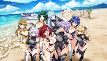 6+girls anniversary asymmetrical_gloves ayato_utae beach bikini black_wetsuit blonde_hair blue_bikini blue_eyes blue_hair breasts cleavage day dolphin_hair_ornament dolphin_wave drill_hair drill_sidelocks elbow_gloves framed_breasts game_cg gloves green_bikini green_scrunchie hair_ornament hair_scrunchie harunami_anri highleg highleg_leotard highres hime_cut jet_ski kazami_ellen kazami_uniform kirishima_uniform kneehighs large_breasts layered_bikini leotard looking_at_viewer medium_breasts mole mole_under_eye multiple_girls nayuki_hiori neon_trim non-web_source ocean official_alternate_costume official_art one_side_up ootomo_takuji open_jumpsuit ponytail purple_hair racing_suit reaching reaching_towards_viewer red_bikini red_eyes red_hair sakimiya_iruka schnee_weissberg scrunchie sidelocks single_elbow_glove single_kneehigh single_sock small_breasts socks souma_hayate sparkle sparkling_aura swimsuit tojou_michiru twintails uneven_gloves watercraft yellow_bikini