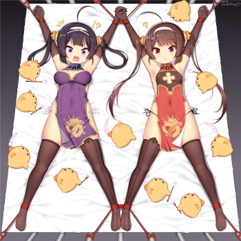 !? 2girls =_= ? ^^^ ahoge animal armpits arms_up artist_name asymmetrical_legwear azur_lane bare_shoulders bdsm bird black_eyes black_gloves black_hair black_legwear black_panties blank_eyes blush blush_stickers bondage bound bound_ankles bound_wrists breasts breasts_apart brown_hair brush china_dress chinese_clothes cleavage_cutout closed_eyes clothing_cutout collar covered_navel dragon_print dress elbow_gloves feathers female_focus from_above full_body gloves hair_ornament hair_rings hairband half-closed_eyes holding holding_brush holding_feather holding_hands huoji_(wonderturkey) interlocked_fingers light_blush long_hair lying manjuu_(azur_lane) medium_breasts mismatched_legwear multiple_girls ning_hai_(azur_lane) o-ring o-ring_bottom o-ring_panties on_back on_bed open_mouth outstretched_arms panties pelvic_curtain ping_hai_(azur_lane) purple_dress purple_eyes raised_eyebrows red_dress red_eyes rope see-through_clothes side-tie_panties side_slit sidelocks signature skindentation sleeveless sleeveless_dress small_breasts spread_eagle_position spread_legs string_panties surprised symmetry thighhighs twintails underwear v-shaped_eyebrows white_background white_hairband white_panties