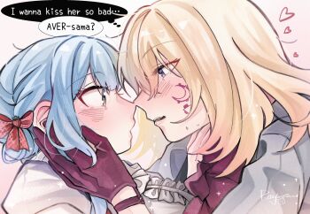 2girls aver_(yumenokessho) bang_dream! bang_dream!_it&#039;s_mygo!!!!! blonde_hair blue_hair blush bow center_frills chinese_commentary commentary_request doloris_(bang_dream!) english_text facial_mark food frills fruit gloves hair_between_eyes hair_bow highres imminent_kiss medium_hair misumi_uika multiple_girls open_mouth purple_eyes red_bow red_gloves short_hair_with_long_locks sidelocks strawberry sweets_paradise togawa_sakiko yellow_eyes yoyoray20001996 yumenokessho yuri
