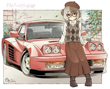 Rule 34 | 1girl, beret, blush, boots, border, brown-framed eyewear, brown boots, brown eyes, brown hair, brown hat, brown skirt, brown sweater vest, car, closed mouth, collared shirt, commentary request, commission, dress shirt, ferrari, ferrari testarossa, flower, full body, glasses, grey hair, hat, highres, long skirt, long sleeves, looking at viewer, motor vehicle, multicolored hair, one side up, orange flower, original, outside border, pop-up headlights, red car, sekihan, shirt, short hair, skeb commission, skirt, smile, solo, split-color hair, standing, sweater vest, two-tone hair, white border, white shirt, yellow flower