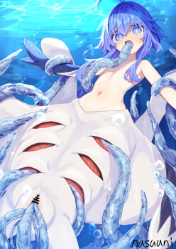 1girl bare_shoulders blue_eyes blue_hair borrowed_character commentary_request day flat_chest gills highres merfolk mermaid monster_girl nasuuni original petite restrained short_hair_with_long_locks solo tentacle_in_mouth tentacle_sex tentacles unconventional_merfolk underwater vaginal