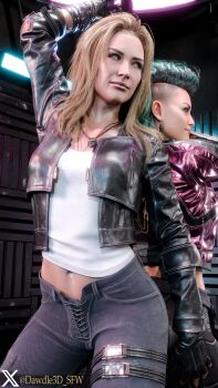 2girls 3d absurdres alt_cunningham artist_name asymmetrical_hair black_boots black_gloves black_jacket black_pants blonde_hair boots cyberpunk_(series) cyberpunk_2077 dawdle3d denim fingerless_gloves gloves green_hair highres jacket jeans jewelry long_hair multiple_girls necklace open_clothes open_jacket pants pole rogue_amendiares shirt sidecut stripper_pole twitter_username twitter_x_logo undercut white_shirt