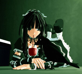 1girl 3d bird black_bird black_hair blood cup drinking drinking_glass drinking_straw ekkusu_kyuuzu female_focus goth_fashion gothic_lolita green_theme lolita_fashion lying original pantyhose solo white_pantyhose wine_glass