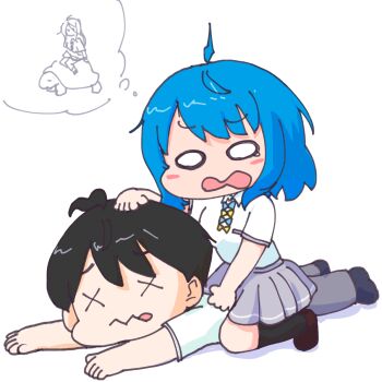1boy 1girl black_hair blue_hair breasts chibi death girl_on_top hand_on_another's_head highres large_breasts legs lying make_heroine_ga_oo_sugiru! medium_hair o_o on_stomach panicking pants short_hair skirt smile tears thighs thinking tongue turtle white_eyes x_x yanami_anna