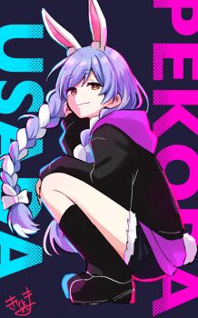 1girl absurdres animal_ear_fluff animal_ears black_background black_hoodie black_shoes black_shorts black_socks bow braid character_name closed_mouth commentary_request cutoffs full_body hair_bow highres hololive hood hood_down hoodie kiritoma knees_up long_hair long_sleeves looking_at_viewer looking_to_the_side multicolored_hair puffy_long_sleeves puffy_sleeves rabbit-shaped_pupils rabbit_ears rabbit_girl rabbit_tail red_eyes shoes short_eyebrows short_shorts shorts sleeves_past_wrists smile socks solo squatting symbol-shaped_pupils tail text_background thick_eyebrows twin_braids twintails two-tone_hair usada_pekora very_long_hair virtual_youtuber white_bow white_hair