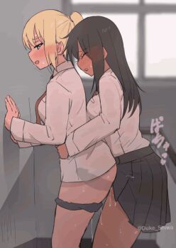 1futa 1girl animated animated_gif black_hair black_skirt blonde_hair blush bottomless breasts clenched_teeth closed_eyes cum cum_overflow ejaculation futa_with_female futanari grey_eyes hand_on_wall hands_on_another&#039;s_waist long_hair medium_breasts necktie open_mouth orgasm original panties panty_pull pleated_skirt ponytail pussy_juice red_necktie sex sex_from_behind shirt shiwa_kou skirt stairs stairwell standing sweat tagme teeth underwear white_shirt window x-ray yuri