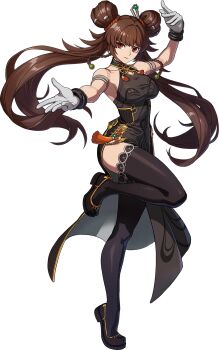 Rule 34 | 1girl, armband, armpits, arms up, artist request, black dress, black shoes, black thighhighs, bracelet, braid, breasts, brown hair, china dress, chinese clothes, closed mouth, collarbone, double bun, dress, dungeon and fighter, expressionless, female fighter (dungeon and fighter), female nen master (dungeon and fighter), full body, gem, gloves, gold trim, green gem, hair bun, hair ornament, hair stick, hair tie, halter dress, halterneck, highres, jewelry, long hair, looking at viewer, medium breasts, official art, outstretched hand, red eyes, shoes, side braids, side slit, sleeveless, sleeveless dress, standing, standing on one leg, tassel, thighhighs, thighs, third-party source, transparent background, twintails, white gloves