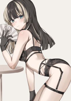 Rule 34 | 1girl, absurdres, aqua eyes, black bra, black gloves, black hair, black panties, bra, commentary, embarrassed, from side, gloves, hand fan, hand on own leg, highres, holding, holding fan, hololive, hololive dev is, juufuutei raden, lingerie, long hair, looking at viewer, multicolored hair, panties, scarlet (wv0102), simple background, solo, table, thigh strap, two-tone hair, underwear, underwear only, virtual youtuber, white background, white hair