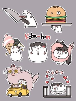 2girls animalization bird burger cat chainsaw_devil chainsaw_man crying double_v family_burger_mascot_(chainsaw_man) food grey_background hamster higashiyama_kobeni highres horns ice_cream kobeni's_car_(chainsaw_man) multiple_girls nya_tt0 one_eye_closed power_(chainsaw_man) red_horns simple_background v violence_fiend_(chainsaw_man) yellow_eyes