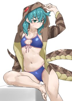 1girl :/ arm_up bare_legs barefoot bikini blue_bikini breasts collarbone commentary feet front-tie_bikini_top front-tie_top green_eyes green_hair hair_between_eyes highres hood hood_up hooded_jacket jacket kemono_friends long_sleeves looking_at_viewer medium_hair navel no_pants simple_background small_breasts snake_hood snake_tail solo stomach sweatdrop swimsuit tail tanabe_(fueisei) toes tsuchinoko_(kemono_friends) twintails white_background