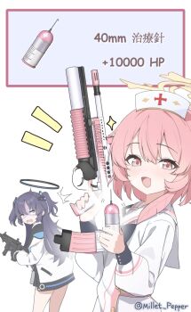 Rule 34 | 2girls, 40mm grenade, assault rifle, black gloves, black halo, blue archive, bullpup, commentary, feather hair, gloves, grenade launcher, gun, hair between eyes, hair ornament, halo, hat, highres, holding, holding gun, holding weapon, jacket, long hair, long sleeves, looking at viewer, m203, medium hair, millet pepper, multiple girls, nurse cap, pink eyes, pink hair, purple hair, rifle, sailor collar, serina (blue archive), submachine gun, translated, triangle hair ornament, trigger discipline, two-sided fabric, two-sided jacket, two side up, underbarrel grenade launcher, weapon, white sailor collar, yellow halo, yuuka (blue archive)