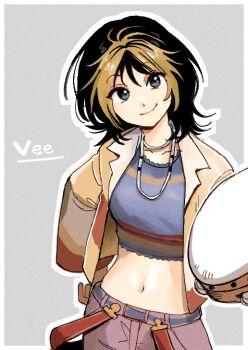 1girl black_eyes black_hair blonde_hair character_name closed_mouth commentary_request dead_by_daylight holding_tambourine instrument looking_at_viewer midriff multicolored_hair navel niname_shuri simple_background smile solo tambourine two-tone_hair vee_boonyasak