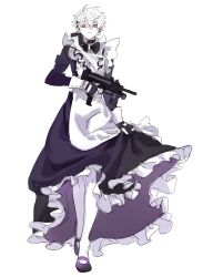 Rule 34 | 1boy, 3000zialg, apron, bags under eyes, black bow, black bowtie, black collar, black dress, black gloves, bow, bowtie, closed mouth, collar, crossdressing, dress, fingerless gloves, full body, gloves, gun, hands up, highres, holding, holding gun, holding weapon, kuzuha (nijisanji), long sleeves, looking at viewer, maid, maid apron, male focus, mary janes, nijisanji, pointy ears, purple footwear, red eyes, shoes, short hair, simple background, slit pupils, solo, vampire, walking, weapon, white background, white hair, wind