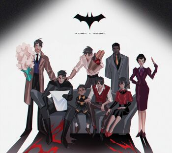 adoptive_parent_and_adoptive_child batman batman_(series) batman_symbol black_hair black_pants blood blood_splatter blue_eyes boots bruce_wayne cassandra_cain closed_eyes closed_mouth collared_shirt copyright_name couch crossover damian_wayne dark-skinned_male dark_skin dc_comics dick_grayson duke_thomas earrings family flower formal_clothes gloves high_heels highres holding holding_knife jacket jason_todd jewelry knife long_sleeves looking_at_viewer maple_dc multiple_boys multiple_girls necktie on_couch open_mouth pants parent_and_child ponytail selina_kyle shirt shoes short_hair simple_background sitting skirt smile spy_x_family standing suit very_dark_skin weapon white_shirt