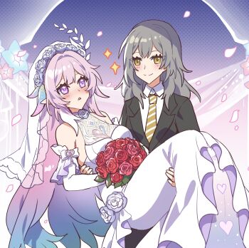 2girls absurdres adapted_costume alternate_costume bare_shoulders black_jacket blue_hair blush bouquet bow breasts bridal_veil bride carrying closed_mouth collared_shirt curtains cyrene_(honkai:_star_rail) cyrene_(ripples_of_past_reverie)_(honkai:_star_rail) dress elbow_gloves flower formal_clothes gloves gradient_background gradient_hair grey_hair hair_between_eyes hair_ornament hair_ribbon hands_up head_wreath heart heart_print highres holding holding_bouquet honkai:_star_rail honkai_(series) jacket lapels leaf leaf_hair_ornament long_hair long_sleeves looking_at_another medium_breasts multicolored_hair multiple_girls necktie official_alternate_hairstyle open_mouth petals pink_background pink_hair pink_pupils pointy_ears polka_dot polka_dot_background princess_carry purple_background purple_eyes red_flower red_rose ribbon rose sakana_(fishchunk) see-through_clothes shirt sidelocks smile sparkle star_(symbol) stelle_(honkai:_star_rail) streaked_hair striped_necktie trailblazer_(honkai:_star_rail) two-tone_background veil wedding_dress white_bow white_dress white_flower white_gloves white_hair white_ribbon white_rose white_shirt white_veil wife_and_wife yellow_eyes yellow_necktie yuri