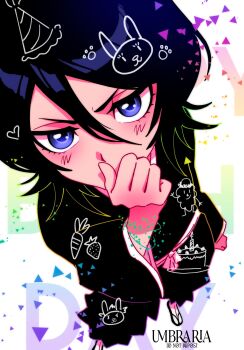 Rule 34 | 1girl, artist name, birthday cake, black hair, black hakama, bleach, blue eyes, cake, carrot, chappy, commentary, covering own mouth, english commentary, food, from above, fruit, hair between eyes, hakama, highres, japanese clothes, kuchiki rukia, sandals, seaweed ambassador, shihakusho, socks, solo, strawberry, triangle, umbra (edits umbra), watermark, white socks