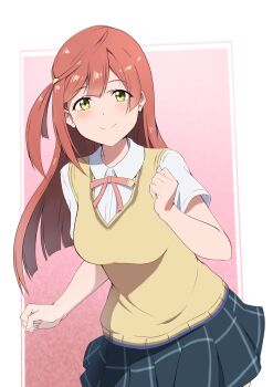 1girl absurdres blush breasts clenched_hands closed_mouth hair_ornament highres long_hair looking_at_viewer love_live! love_live!_nijigasaki_high_school_idol_club medium_breasts nijigasaki_school_uniform role_reversal school_uniform smile uehara_ayumu yellow_eyes zasshoku_ojisan