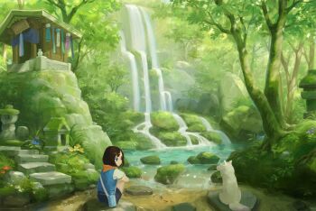 1girl animal black_hair day dog expressionless fish flower forest grass highres moss nao_(marley) nature original outdoors rock scenery shrine signature squatting stepping_stones stone_lantern stream thermos tree water waterfall wind_chime