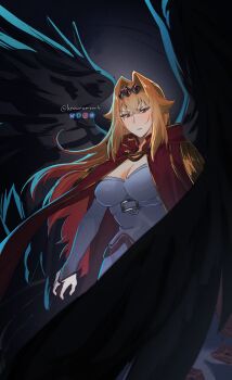 1girl absurdres black_background black_tiara black_wings blonde_hair breasts bridal_gauntlets cape cleavage closed_mouth commentary_request dress expressionless feathered_wings hair_intakes highres knowname large_breasts long_hair looking_at_viewer lufas_maphaahl mixed-language_commentary partial_commentary red_cape red_eyes simple_background solo tiara twitter_username very_long_hair white_dress wings yasei_no_last_boss_ga_arawareta