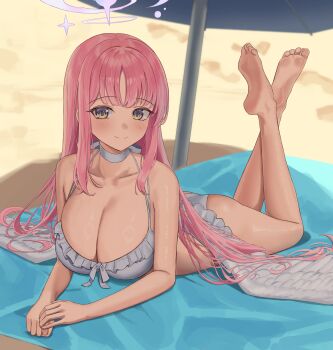 1girl angel_wings ass bare_shoulders barefoot beach bikini blue_archive blush breasts choker cleavage closed_mouth collarbone commentary day doggo34476335 feathered_wings frilled_bikini frills hair_down halo highres huge_breasts long_hair looking_at_viewer low_wings lying mika_(blue_archive) mika_(swimsuit)_(blue_archive) on_stomach parasol pink_hair pink_halo sand smile soles solo swimsuit the_pose thighs umbrella white_bikini white_choker white_wings wings yellow_eyes