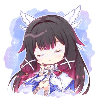 Rule 34 | 1girl, bare shoulders, black hair, blush, bow, chibi, chibi only, closed eyes, closed mouth, columbina (genshin impact), commentary request, dress, full body, genshin impact, hair ornament, hand up, kashiwadokoro, long hair, multicolored hair, purple hair, smile, solo, very long hair, white bow, white dress, wing hair ornament