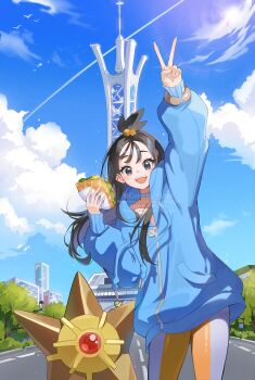 1girl bird black_hair blue_hoodie blue_sky blush building cloud coletta_(colet_colettia) cube_hair_ornament food gen_1_pokemon grey_eyes hair_ornament highres holding holding_food hood hood_down hoodie leggings lida_(pokemon) long_hair long_sleeves looking_at_viewer lumiose_city nintendo open_mouth orange_leggings outdoors pokemon pokemon_(creature) pokemon_legends:_z-a prism_tower sandwich shirt sky smile staryu teeth topknot tree two-tone_legwear upper_teeth_only v white_leggings wispy_bangs