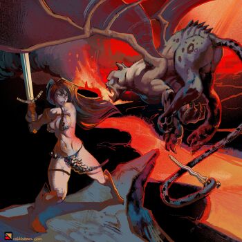 1girl absurdres armor artist_logo artist_name bikini_armor boots brown_boots brown_gloves cliff dagger dynamic_pose fangs fantasy fire flying gloves highres holding holding_dagger holding_knife holding_sword holding_weapon knife landscape lava logo long_hair monster mountain muscular nature neal_d._anderson prehensile_tail red_hair red_sonja red_sonja_(comics) rock scenery signature smoke sword tail volcano watermark weapon web_address wings