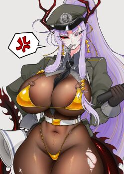 1girl absurdres anger_vein angry bikini blowing_whistle bodysuit breasts dragon_girl dragon_tail hat highleg highres huge_breasts military_hat mlnmlml original pantyhose swimsuit tail whistle