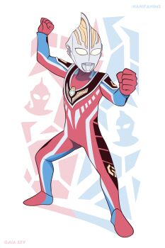 1boy alien arm_up armor artist_name black_skin blue_skin breastplate clenched_hands color_timer colored_skin commentary compound_eyes dorsal_fin english_commentary english_text fighting_stance full_body giant giant_male glowing glowing_eyes hanifanims highres legs_apart looking_ahead male_focus multicolored_skin no_pupils red_skin shoulder_armor silver_skin silver_trim simple_background solo standing tokusatsu toned toned_male ultra_series ultraman_agul ultraman_gaia ultraman_gaia_(series) ultraman_gaia_(super_supreme_version) white_background white_eyes