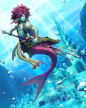 1boy air_bubble aqua_skin armlet blurry blurry_background bracelet bubble colored_skin commentary_request dragon_quest dragon_quest_x earrings fins fish_boy flei_rainbow fringe_trim gold_armlet grey_vest head_fins highres holding holding_polearm holding_weapon jewelry looking_to_the_side male_focus medium_hair merman monster_boy necklace palace pink_hair pink_scales polearm red_eyes sash solo spiked_hair teardrop_earrings toned toned_male trident underwater vest weapon weddie_(dq10) yellow_sash