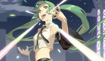 1girl aqua_eyes aqua_hair bad_tag black_sleeves chromatic_aberration close-up crop_top detached_sleeves from_below from_side glowing hair_flowing_over hatsune_miku highres kucheat_zg light_rays long_hair mega_stone night nintendo object_on_tongue outdoors outstretched_arms pokemon project_voltage sidelocks swept_bangs twintails very_long_hair vocaloid