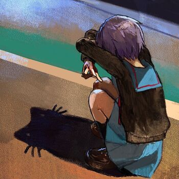 1girl arms_up black_cardigan black_shoes blue_sailor_collar blue_skirt cardigan cat cat_shadow_puppet_(meme) commentary crossed_arms double_w from_behind full_body highres kita_high_school_uniform kneehighs long_sleeves meme middle_w nagato_yuki pleated_skirt purple_hair red_ribbon ribbon road sailor_collar school_uniform shadow shadow_puppet shoes short_hair skirt socks solo squatting street style_request suzumiya_haruhi_no_yuuutsu takos_meshi w winter_uniform