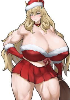 barghest_(fate) batako_(batakoart) bell blonde_hair blush bra breasts cleavage collar commentary english_commentary fate/grand_order fate_(series) fur-trimmed_bra fur-trimmed_gloves fur_trim gigantic_breasts gloves green_eyes hat highres holding holding_sack horns long_hair muscular muscular_arms muscular_female red_gloves sack santa_hat thick_thighs thighs underwear very_long_hair white_fur
