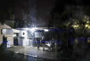 Rule 34 | 1boy, air conditioner, bicycle, building, male focus, night, original, shiira, short hair, tree, umbrella, washing machine